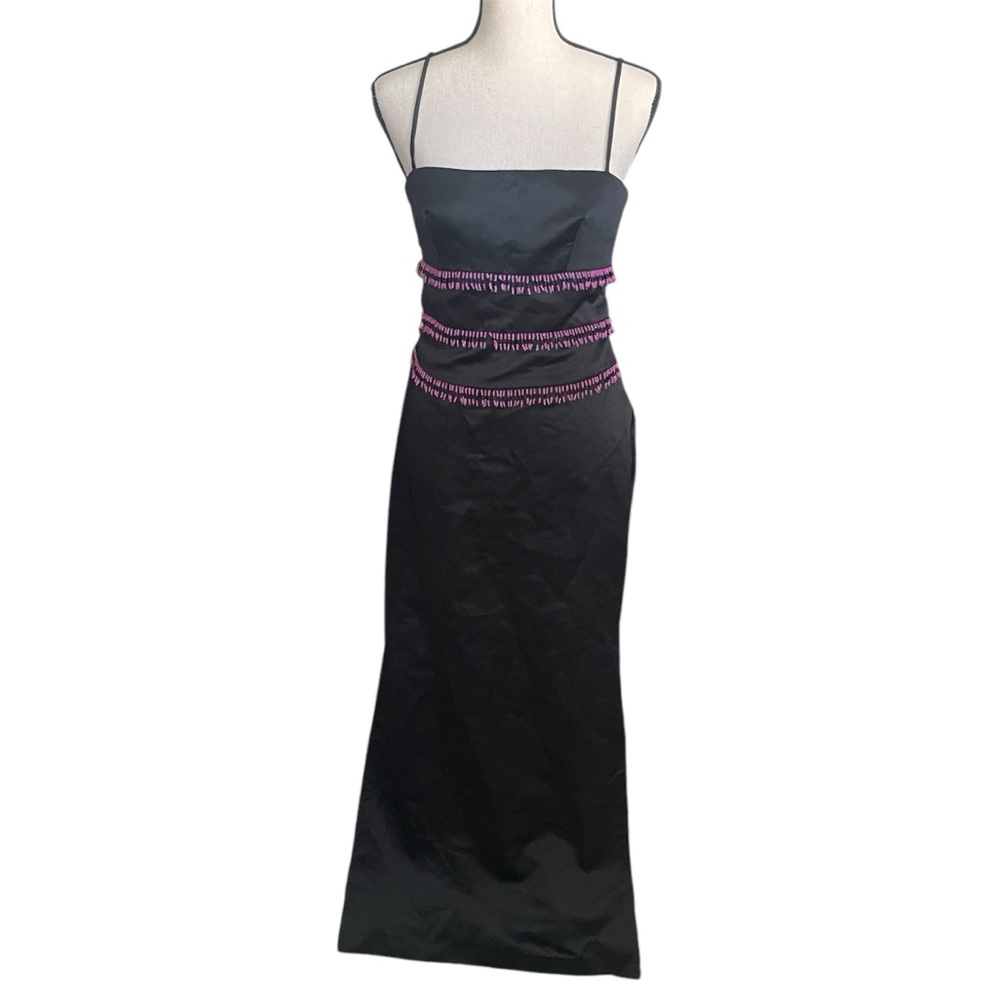 Vintage 90s Black Maxi Pink Purple Beaded Open Tie Back Prom Dress/ Gown
